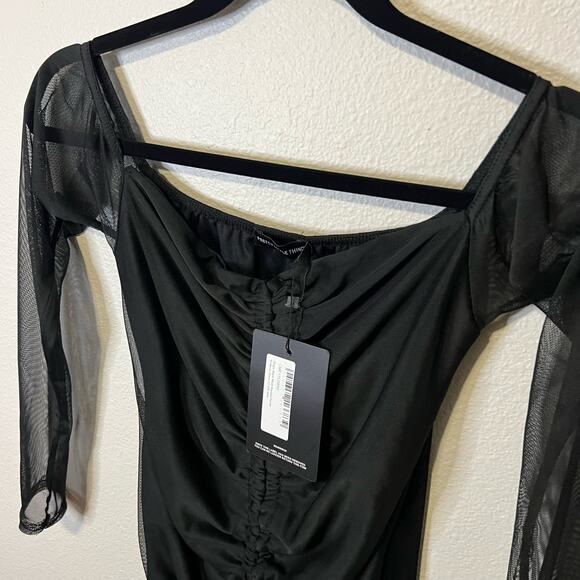 NWT PrettyLittleThing Black Long Sleeve Ruched Mini Dress Size 8 - Picture 2 of 5